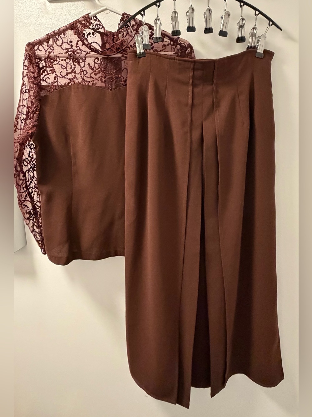 Vintage Tess Club Brown Lace Blouse & Midi Skirt Set Korean Size 77 (M/L)
